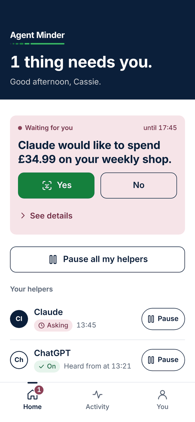Design of the Home screen: 1 thing needs you, with Yes and No on the waiting question.