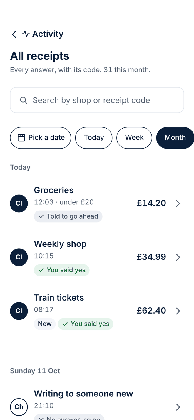 Design of the All receipts screen: every answer with its receipt code, searchable.