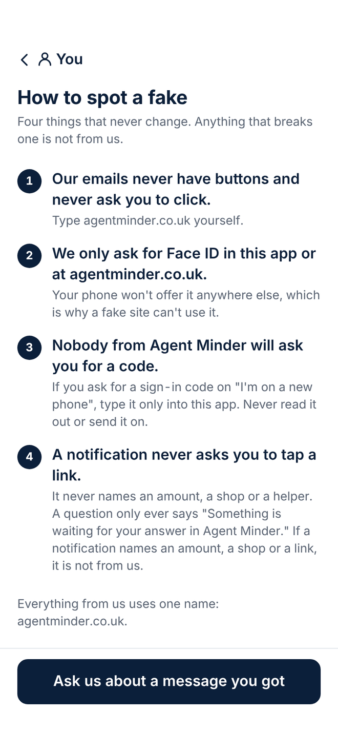 Design of the How to spot a fake screen